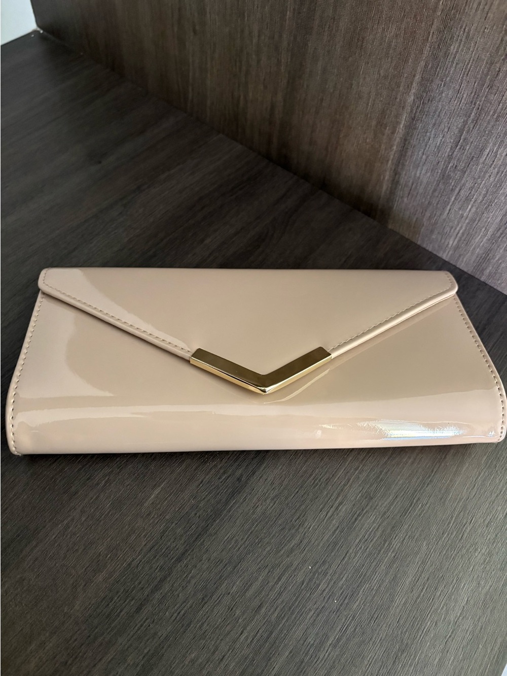 Aldo Nude Patent Envelope Clutch with Gold V Detail